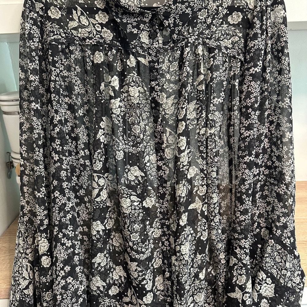 Bohemian Sheer Blouse Womens Black White Dramatic Bell Sleeve Top Ethereal Flowy - Picture 7 of 13